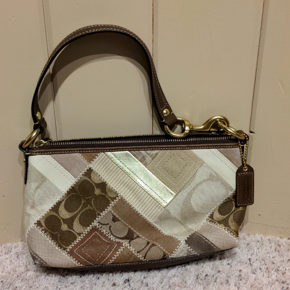 Coach Handbags - small mosaic canvas handbag clutch wristlet suede bottom brown tan gold cream